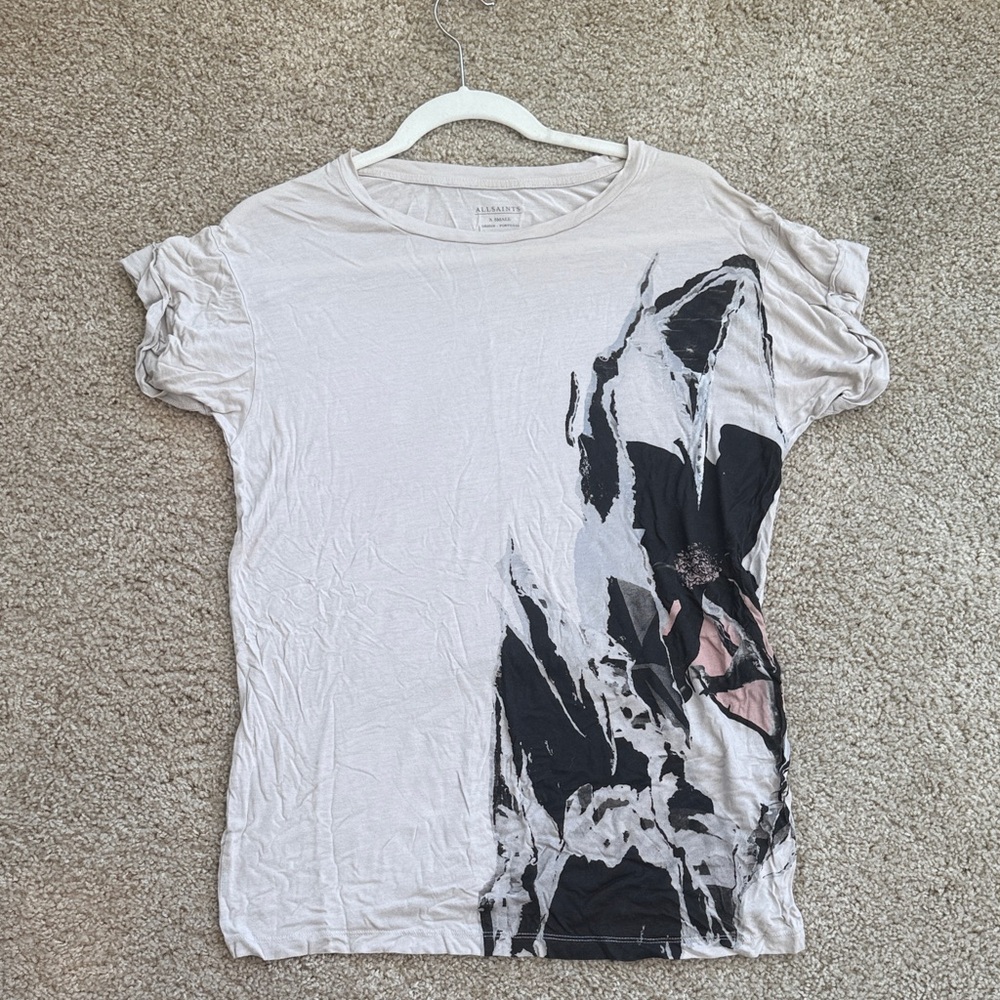 All Saints Cream /Grey and Black Abstract Print Tee Womems (Size S)